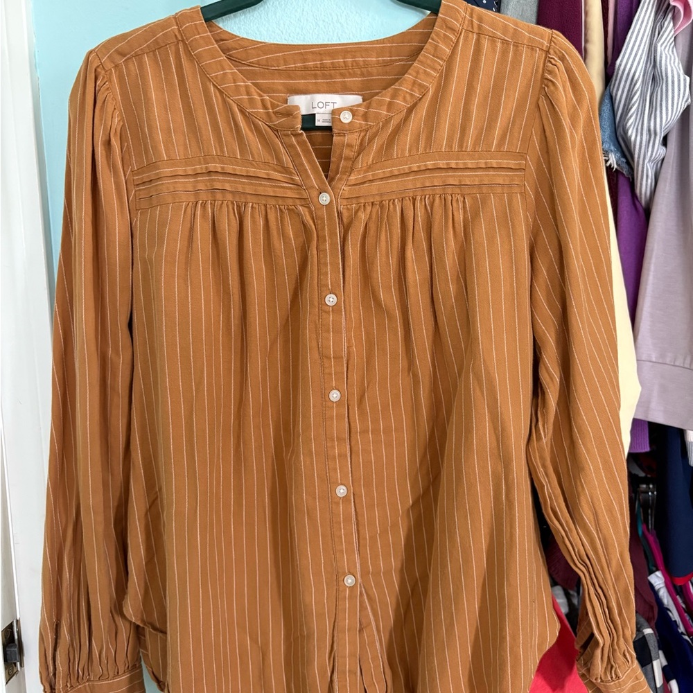 LOFT Women's Tan Camel Mustard Striped Blouse